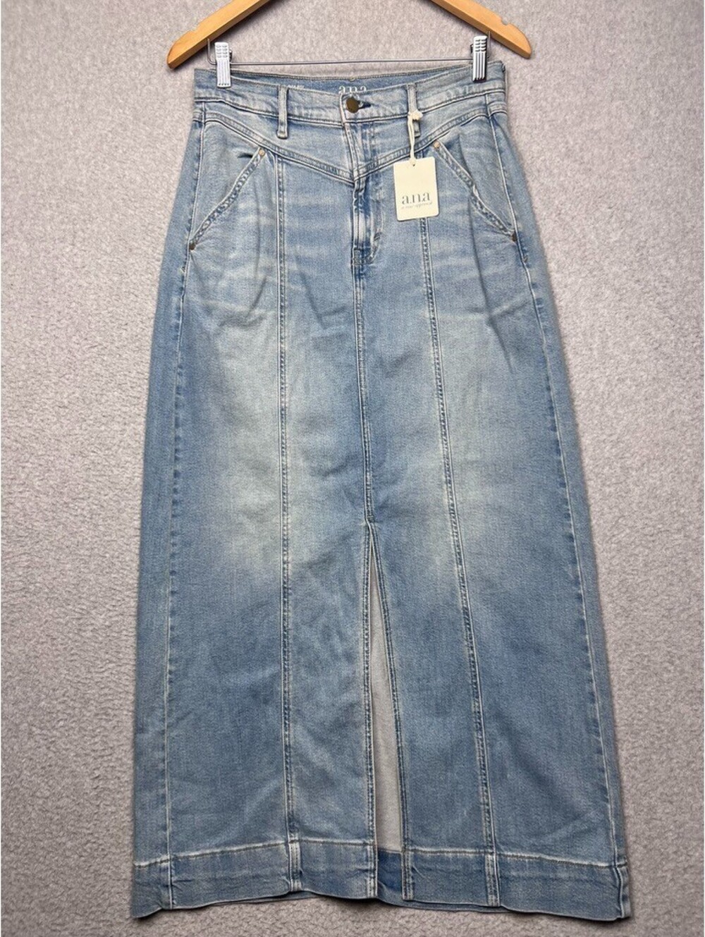 NWT ana Womens High Rise Denim Maxi Skirt 6 Medium Wash Paneled Front Slit Jean